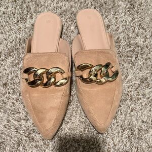Amazon Tan Mules with Gold Chain Detail
